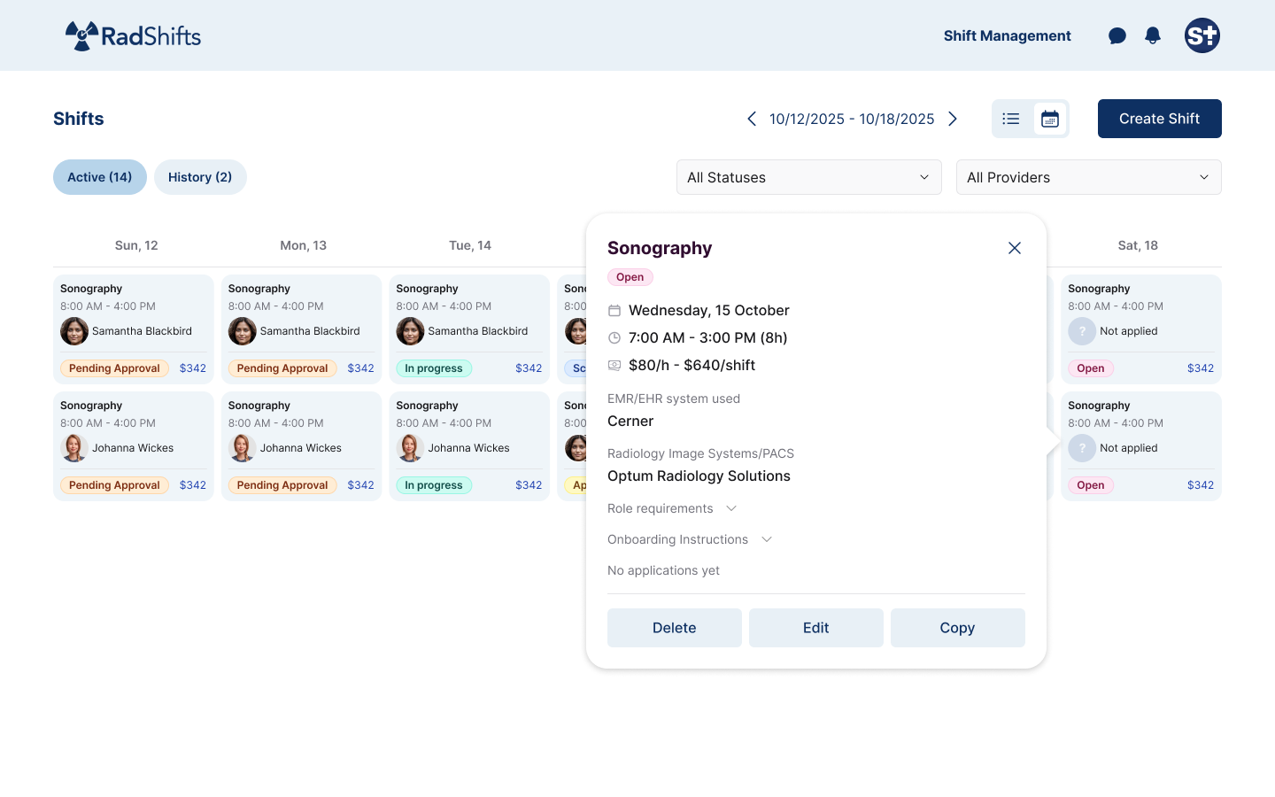 RadShifts Scheduling Dashboard